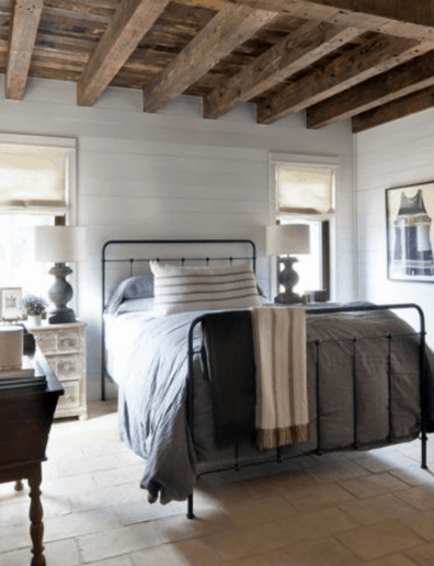 shiplap, shiplap bedroom, wood beam, farmhouse master bedroom, rustic bedroom