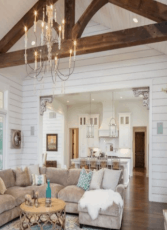 wood beam, shiplap living room, farmhouse chandelier 