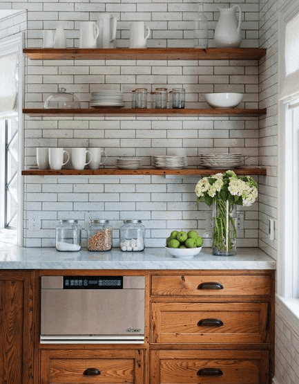 farmhouse kitchen, subway tile, open shelf, white kitchen, rustic kitchen