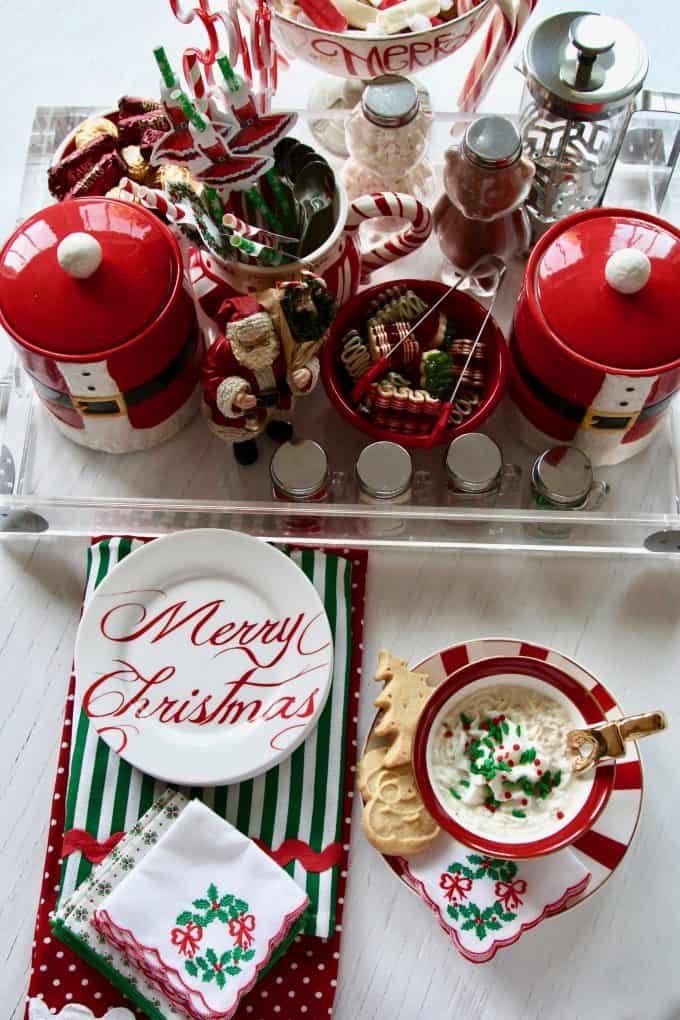 DIY Christmas Coffee Bar -Christmas-Coffee-Tea-and-Hot-Cocoa-Bar-overhead-view-of-tray-full-of-goodies-treats-plates-and-napkins  -