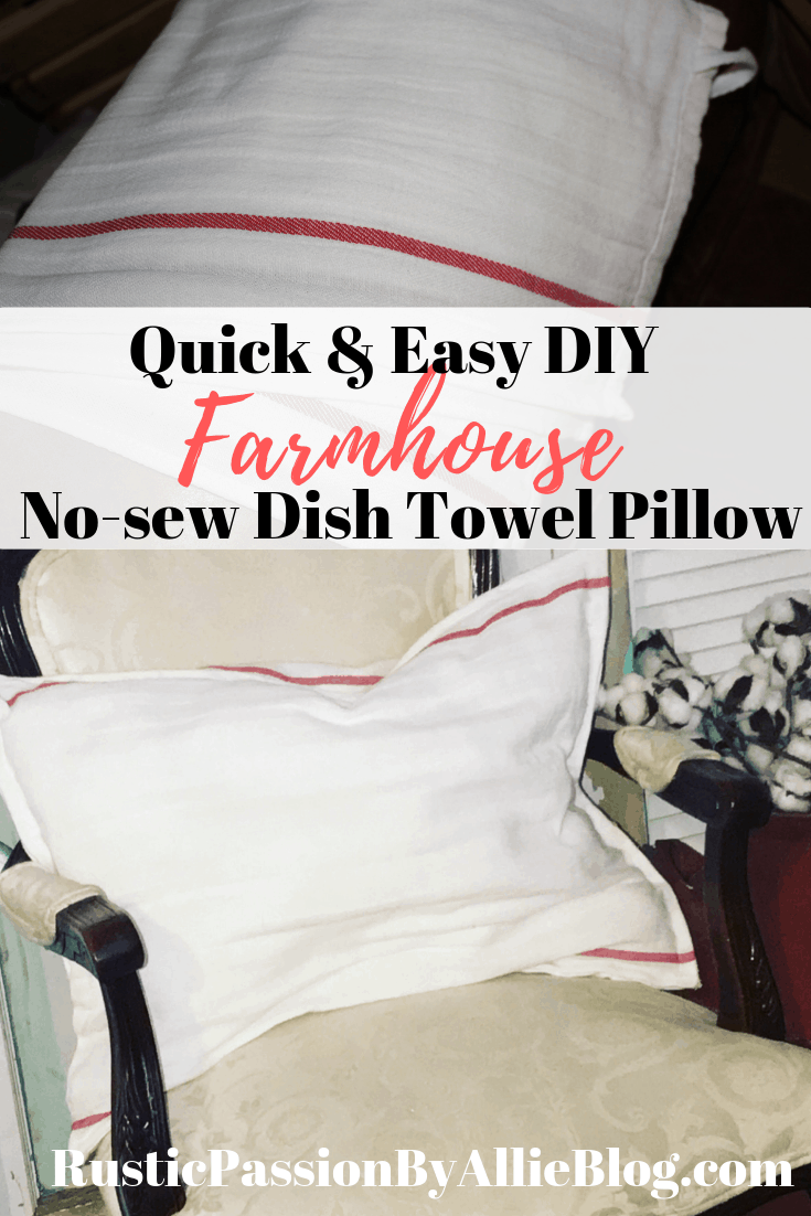 Learn how to make this easy no-sew Farmhouse dish towel pillow. You will be able to make it with a hot glue gun in less than 5 minutes. DIY Farmhouse home decor are a favorite craft of mine.