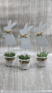 3 small gray glitter bunnies in white pots