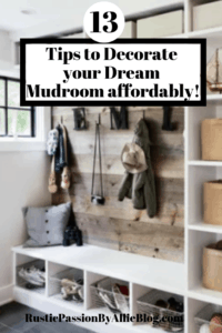 Reclaimed wood wall built in mudroom with coat hooks hanging and storage bins text overlay - 13 tips to decorate your dream mudroom affordably.
