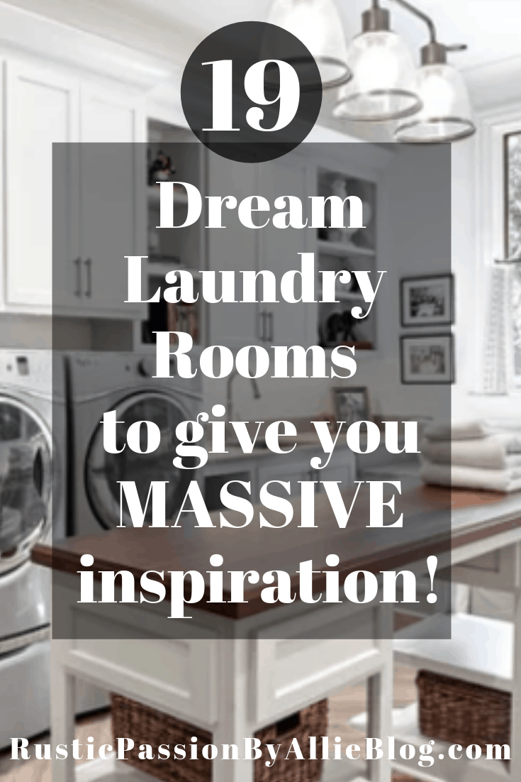 White big laundry room with wood and white island text overlay - 19 dream laundry rooms to give you massive inspiration
