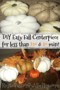 white, burlap, orange small pumpkin centerpiece with text overlay- diy easy fall centerpiece for less than $10 and 30 min.