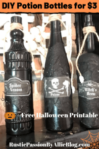 Wine bottles painted black diy halloween potion bottles with text overlay - diy potion bottles for $3 + free halloween printable