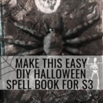 black spell book with spider and skull on it. text overlay make this easy diy hallow