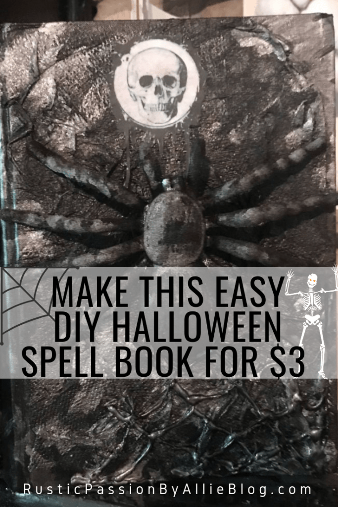 black spell book with spider and skull on it. text overlay make this easy diy hallow